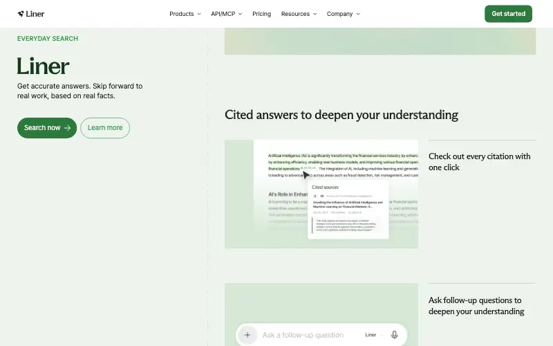 Screenshot of liner.com, further down the homepage