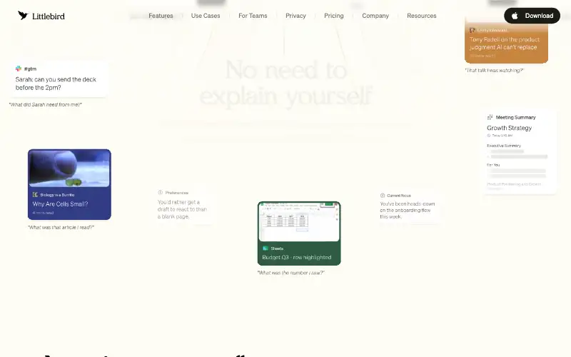 Screenshot of littlebird.ai, further down the homepage