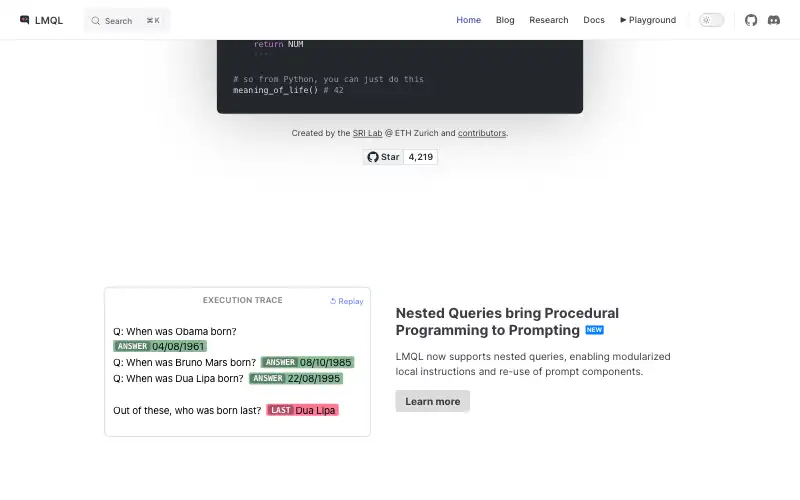 Screenshot of lmql.ai, further down the homepage