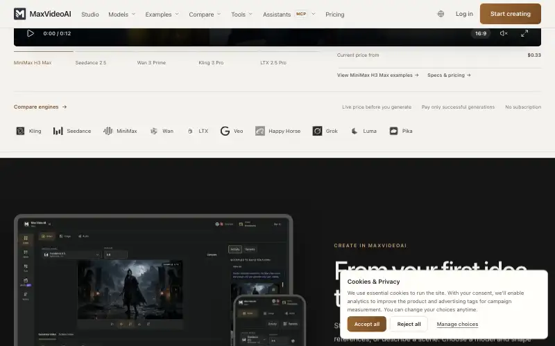Screenshot of maxvideoai.com, further down the homepage