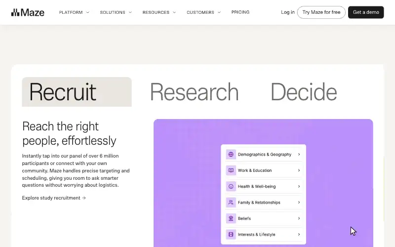 Screenshot of maze.co, further down the homepage