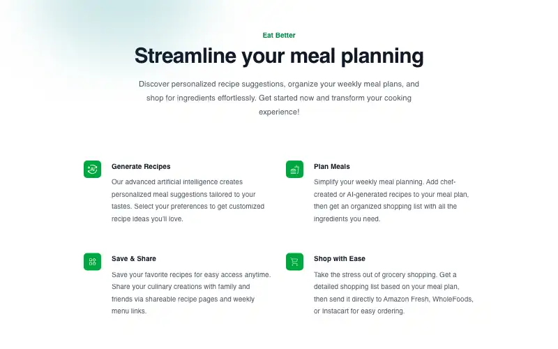 Screenshot of mealpractice.com, further down the homepage
