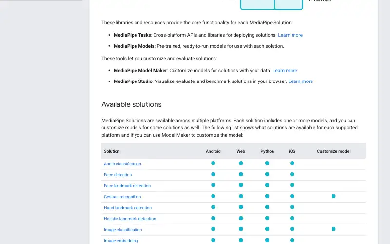 Screenshot of mediapipe.dev, further down the homepage