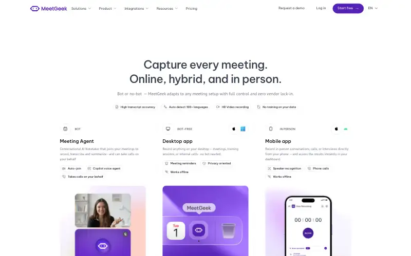 Screenshot of meetgeek.ai, further down the homepage