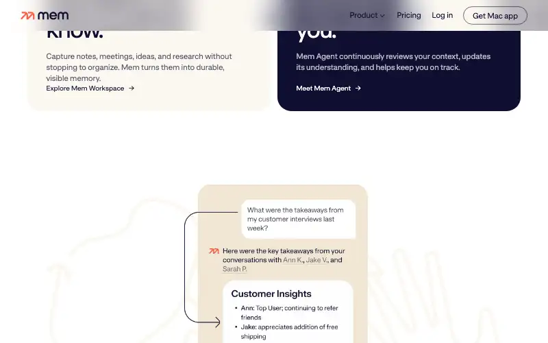 Screenshot of mem.ai, further down the homepage