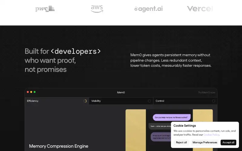 Screenshot of mem0.ai, further down the homepage