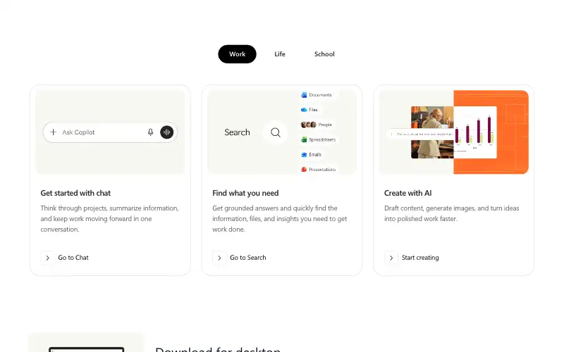 Screenshot of copilot.microsoft.com, further down the homepage