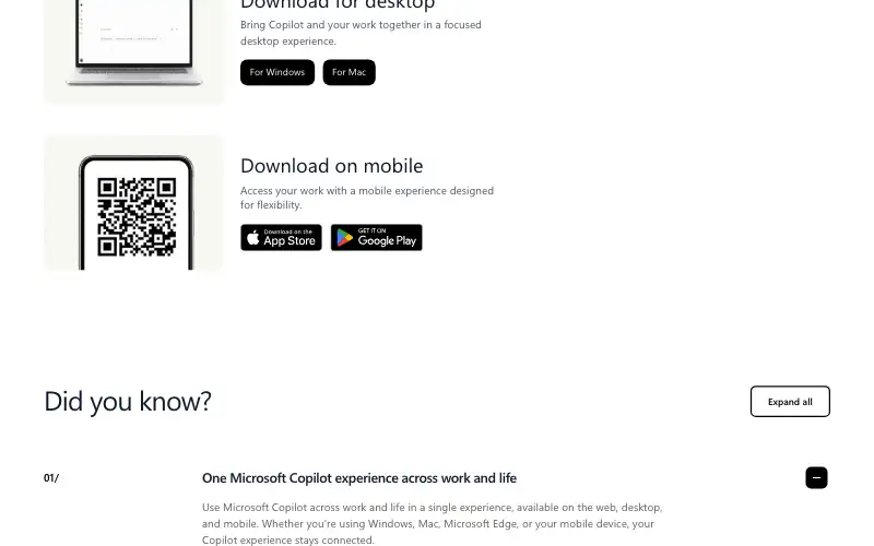 Screenshot of copilot.microsoft.com, further down the homepage