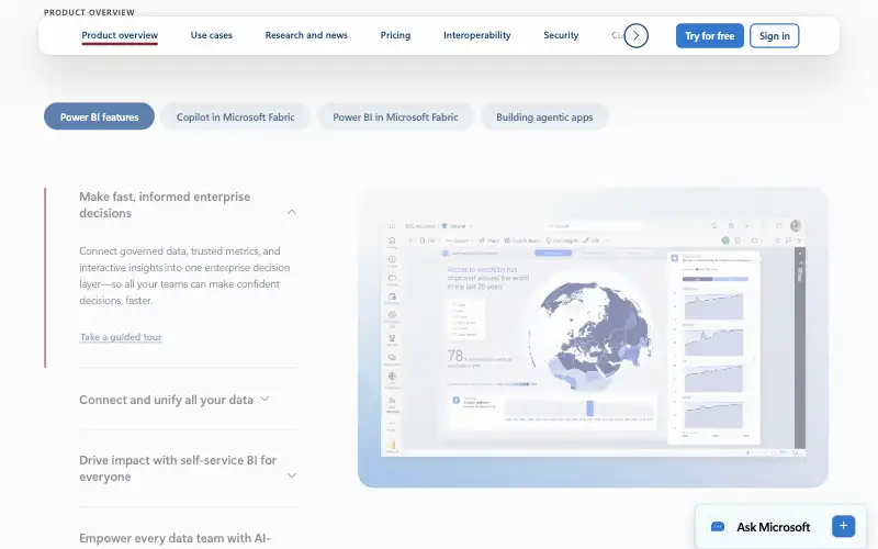 Screenshot of powerbi.microsoft.com, further down the homepage