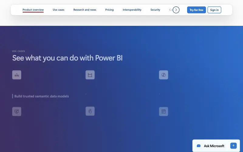 Screenshot of powerbi.microsoft.com, further down the homepage