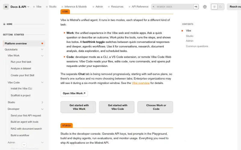Screenshot of docs.mistral.ai, further down the homepage