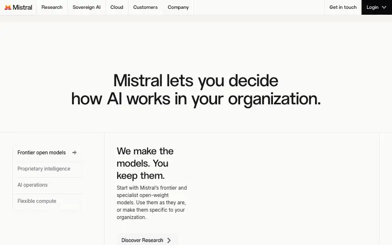 Screenshot of mistral.ai, further down the homepage