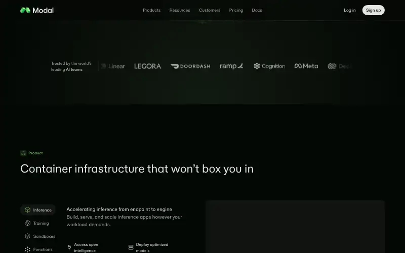Screenshot of modal.com, further down the homepage