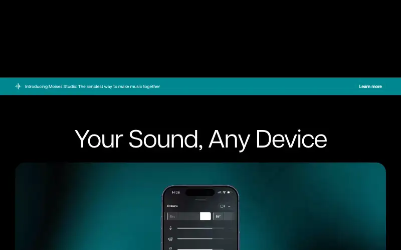 Screenshot of moises.ai, further down the homepage