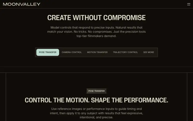 Screenshot of moonvalley.com, further down the homepage