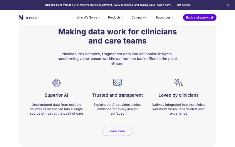 Screenshot of navina.ai, further down the homepage