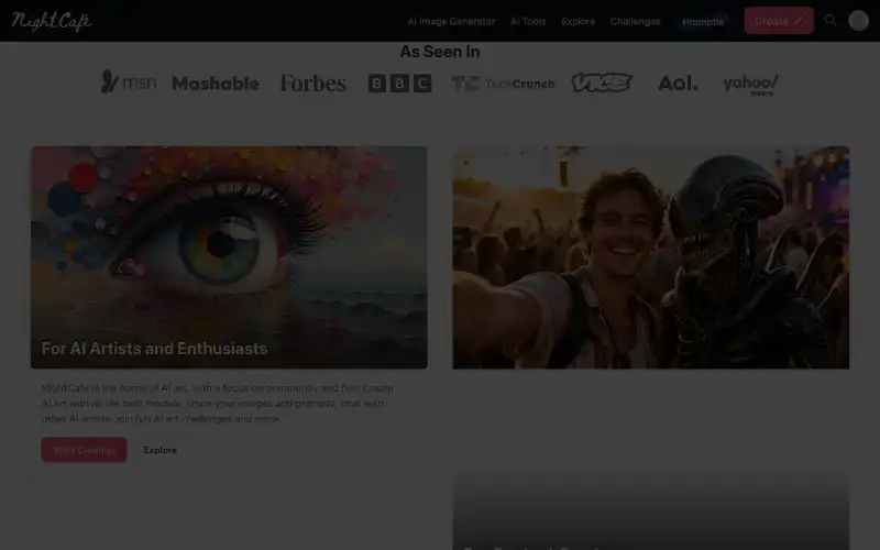 Screenshot of creator.nightcafe.studio, further down the homepage