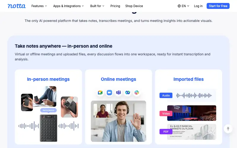 Screenshot of notta.ai, further down the homepage