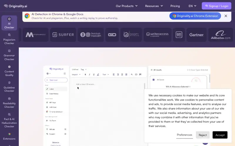 Screenshot of originality.ai, further down the homepage