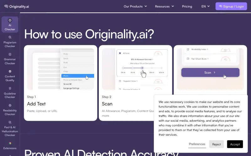 Screenshot of originality.ai, further down the homepage