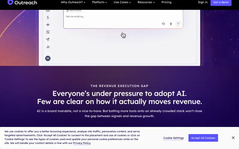 Screenshot of outreach.ai, further down the homepage