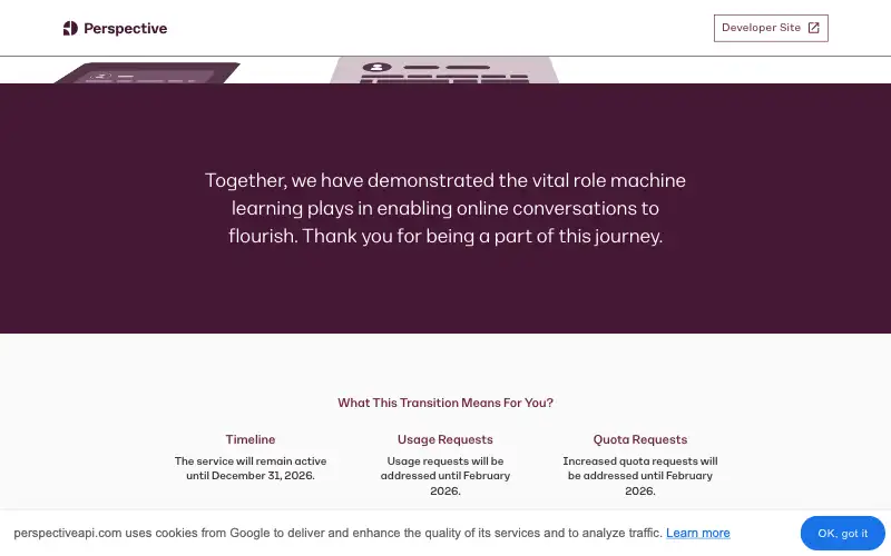 Screenshot of perspectiveapi.com, further down the homepage