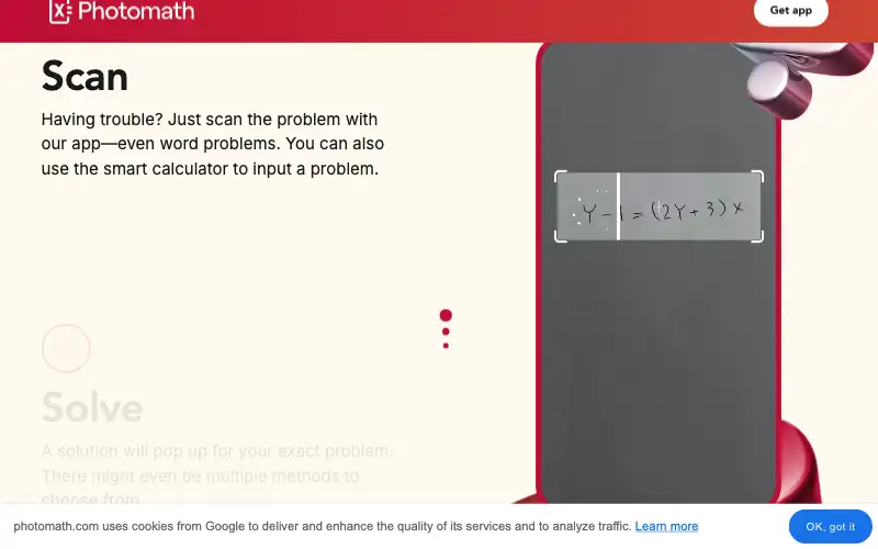 Screenshot of photomath.com, further down the homepage