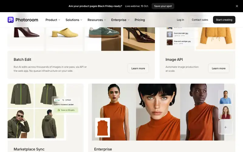 Screenshot of photoroom.com, further down the homepage
