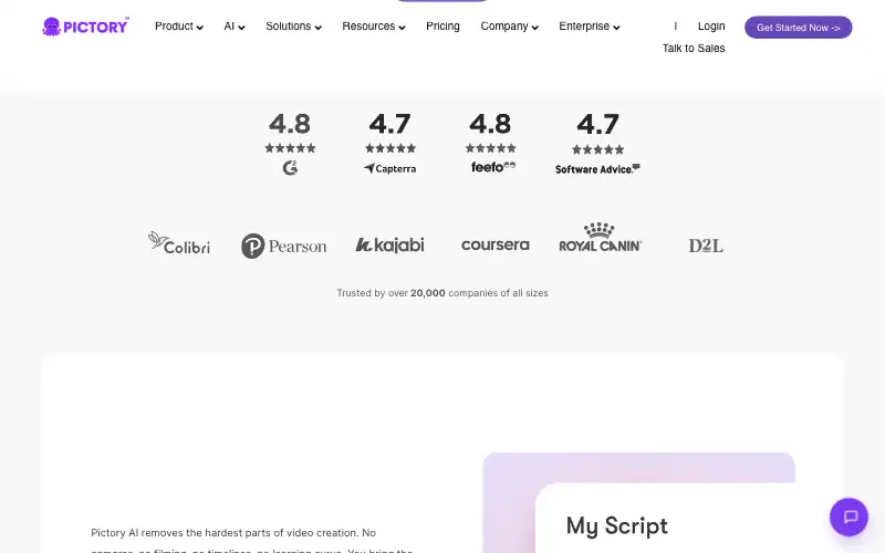 Screenshot of pictory.ai, further down the homepage