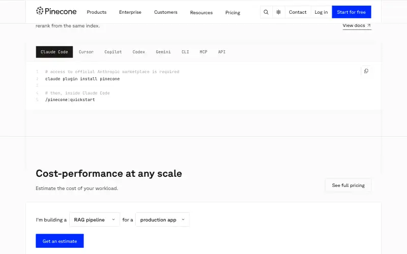 Screenshot of pinecone.io, further down the homepage