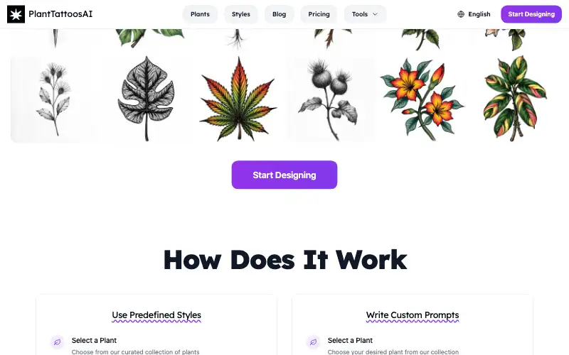 Screenshot of planttattoosai.com, further down the homepage