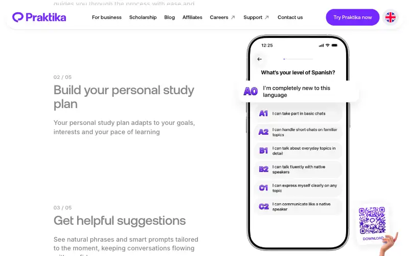 Screenshot of praktika.ai, further down the homepage