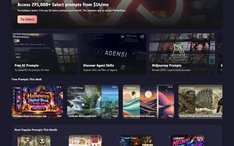 Screenshot of promptbase.com, further down the homepage