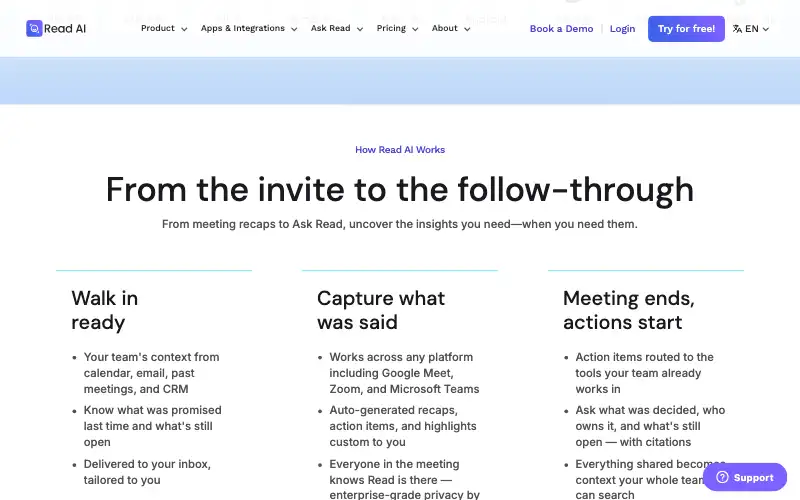 Screenshot of read.ai, further down the homepage