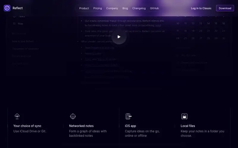 Screenshot of reflect.app, further down the homepage