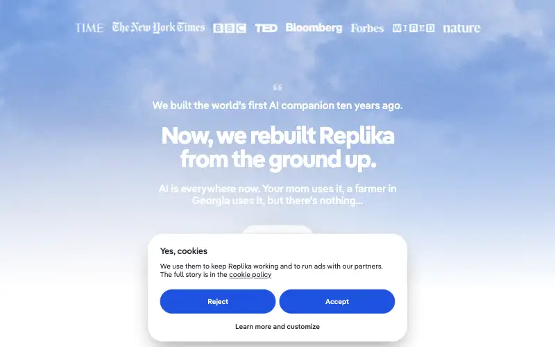 Screenshot of replika.com, further down the homepage