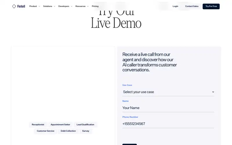 Screenshot of retellai.com, further down the homepage