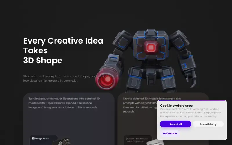 Screenshot of hyper3d.ai, further down the homepage