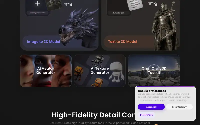 Screenshot of hyper3d.ai, further down the homepage