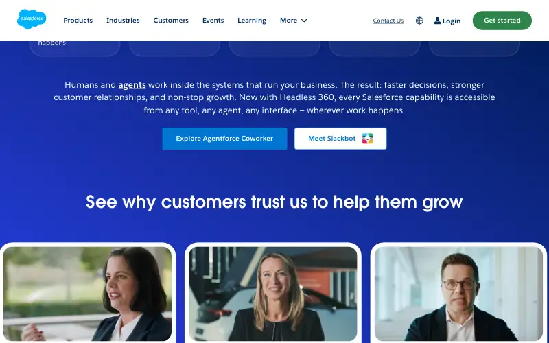 Screenshot of salesforce.com, further down the homepage