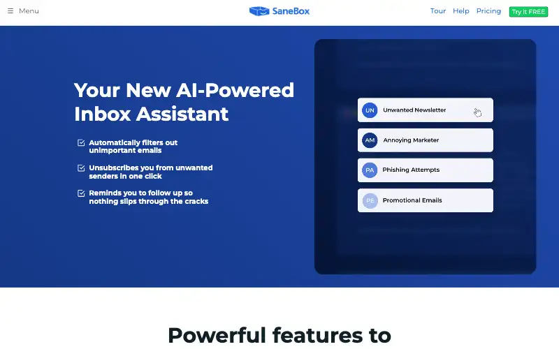 Screenshot of sanebox.com, further down the homepage