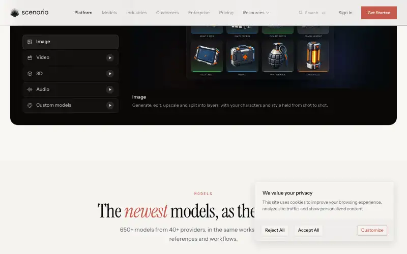Screenshot of scenario.com, further down the homepage