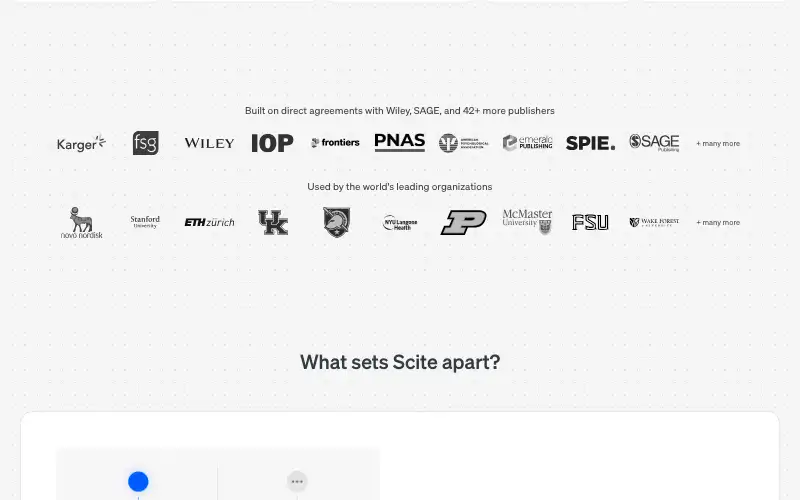 Screenshot of scite.ai, further down the homepage