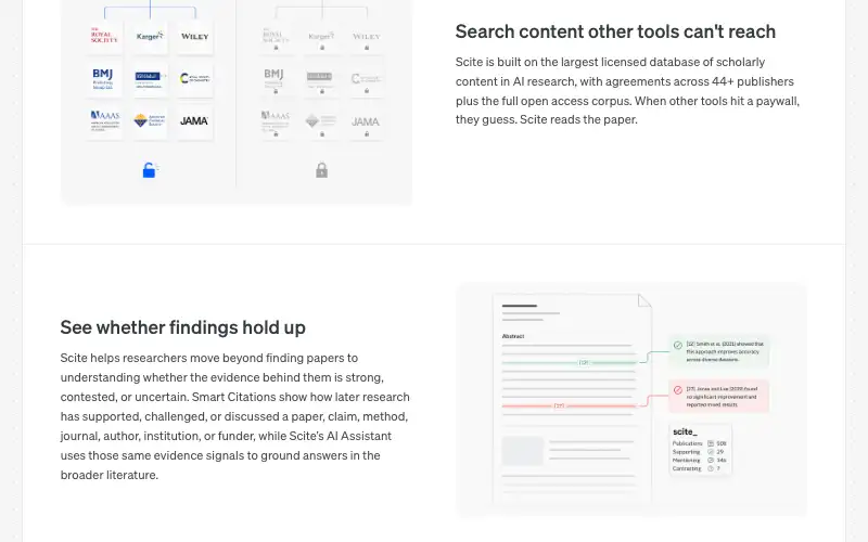 Screenshot of scite.ai, further down the homepage
