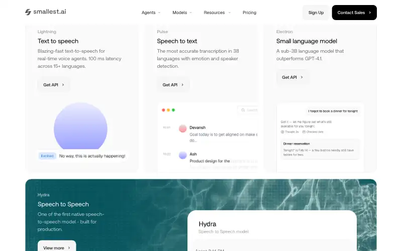 Screenshot of smallest.ai, further down the homepage