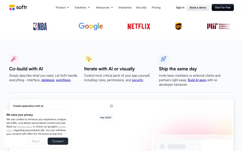 Screenshot of softr.io, further down the homepage