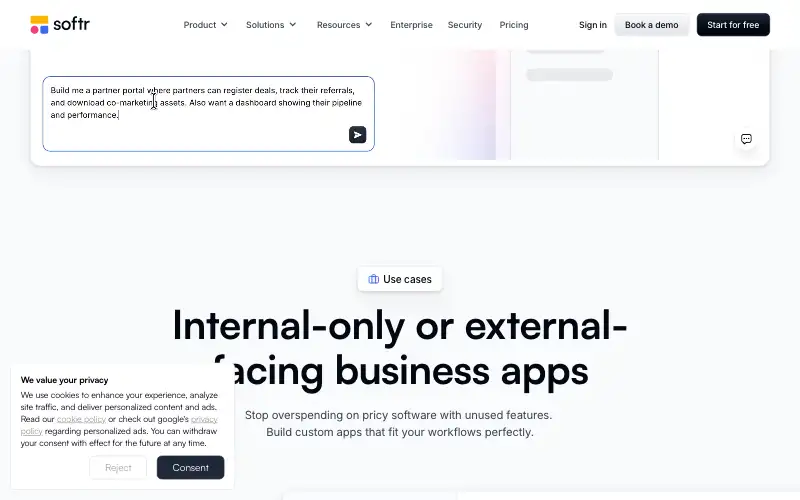 Screenshot of softr.io, further down the homepage