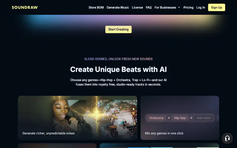 Screenshot of soundraw.io, further down the homepage
