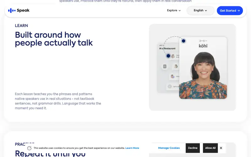 Screenshot of speak.com, further down the homepage
