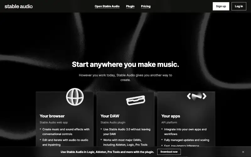 Screenshot of stableaudio.com, further down the homepage